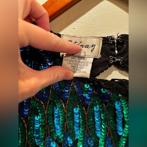 Vintage 100% silk beaded Elegant Black and Blue Sequin Dress stenay size 8 - Picture 12 of 16